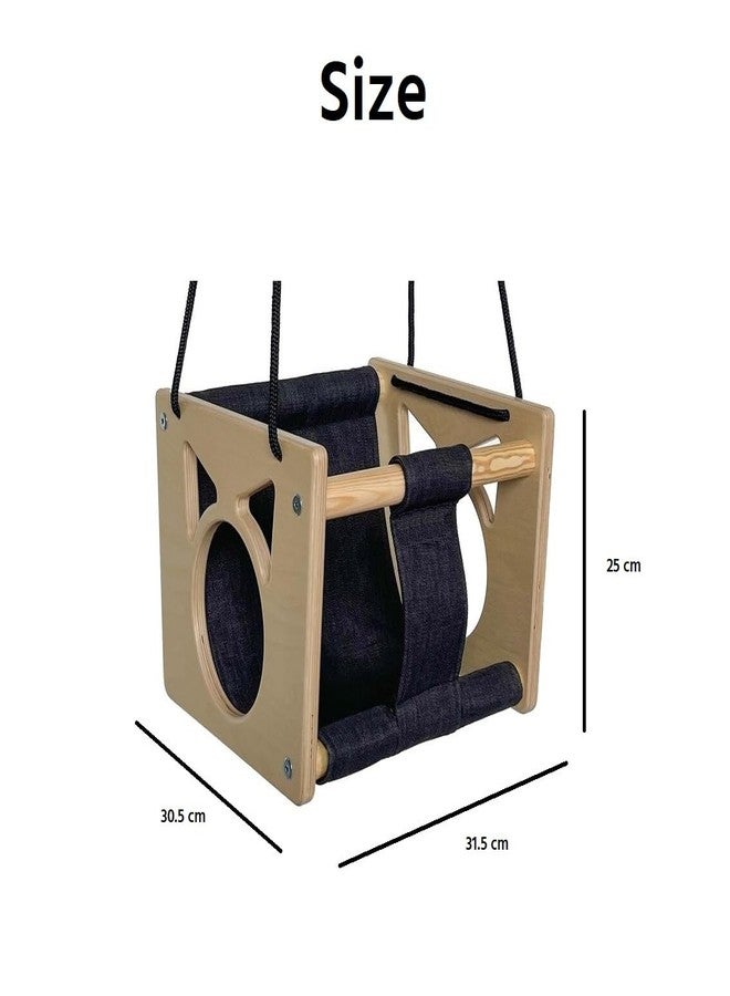 JULLYSS CRAFT Wooden Baby Swing with Denim Seat, Indoor Hanging Toddler Swing, Natural Wood Frame, Adjustable Height, 30.5 x 31.5 x 25 cm - Image 3